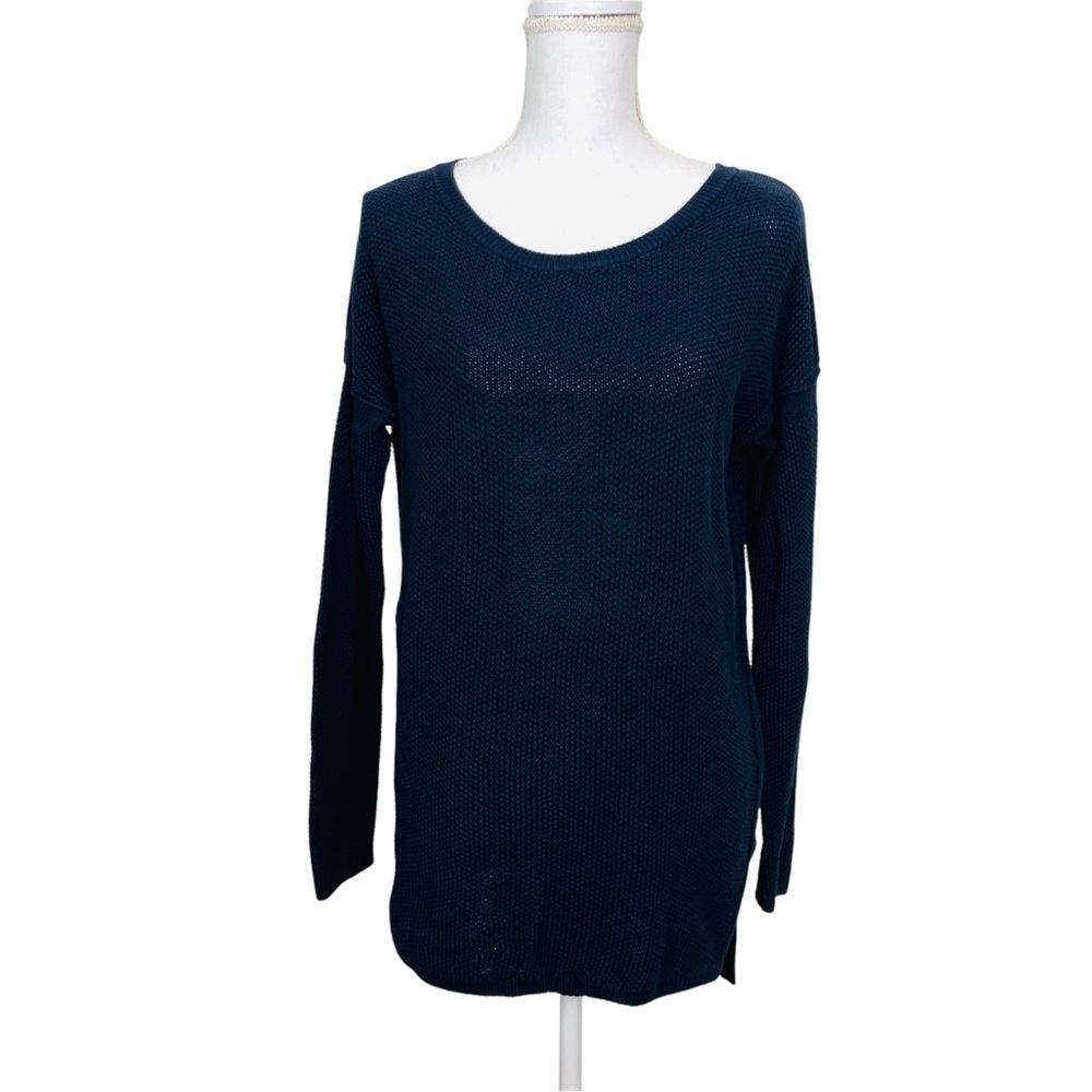 Vince Seed Stitch Relaxed Cotton Cashmere Tunic Sweater Navy Medium